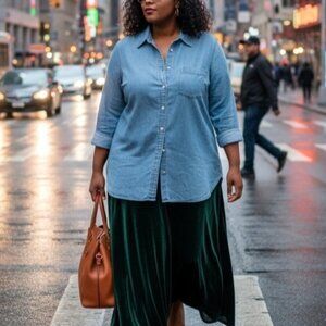 NEW Talbots Denim Chambray Shirt 2X Blue Button Front Long Sleeve Plus Size